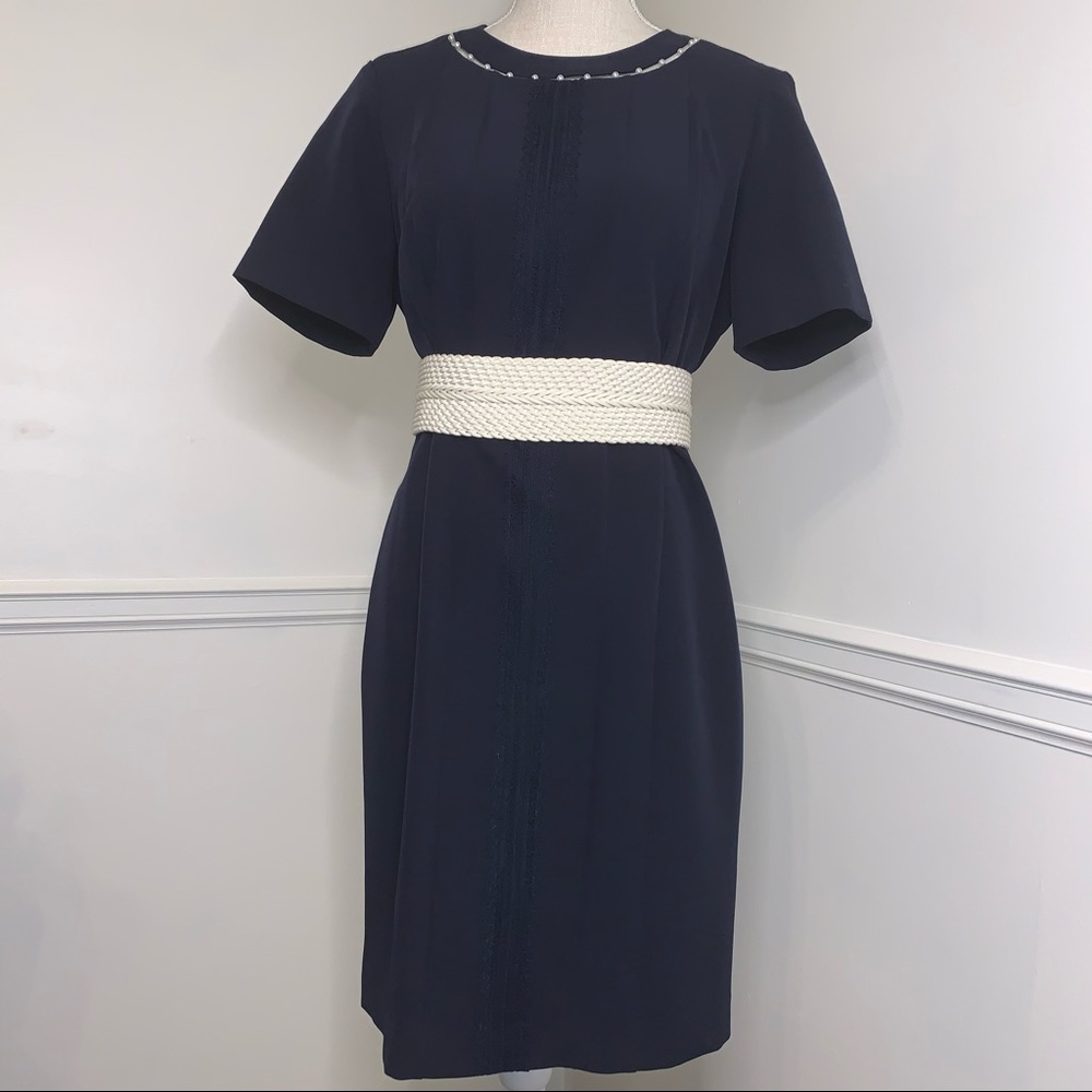 Sharagano Navy Blue Sheath Dress Pearl Neckline